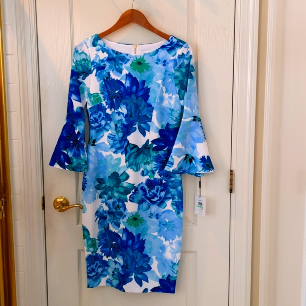 Calvin Klein white blue floral dress. Size 8 NWT